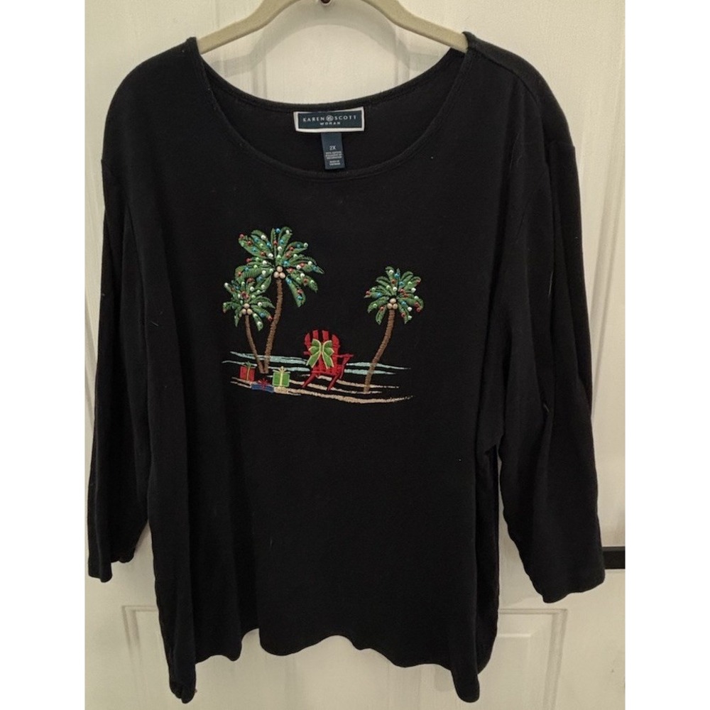 Karen Scott Woman 2X Black Tropical Christmas Palm Tree Embellished Holiday Top